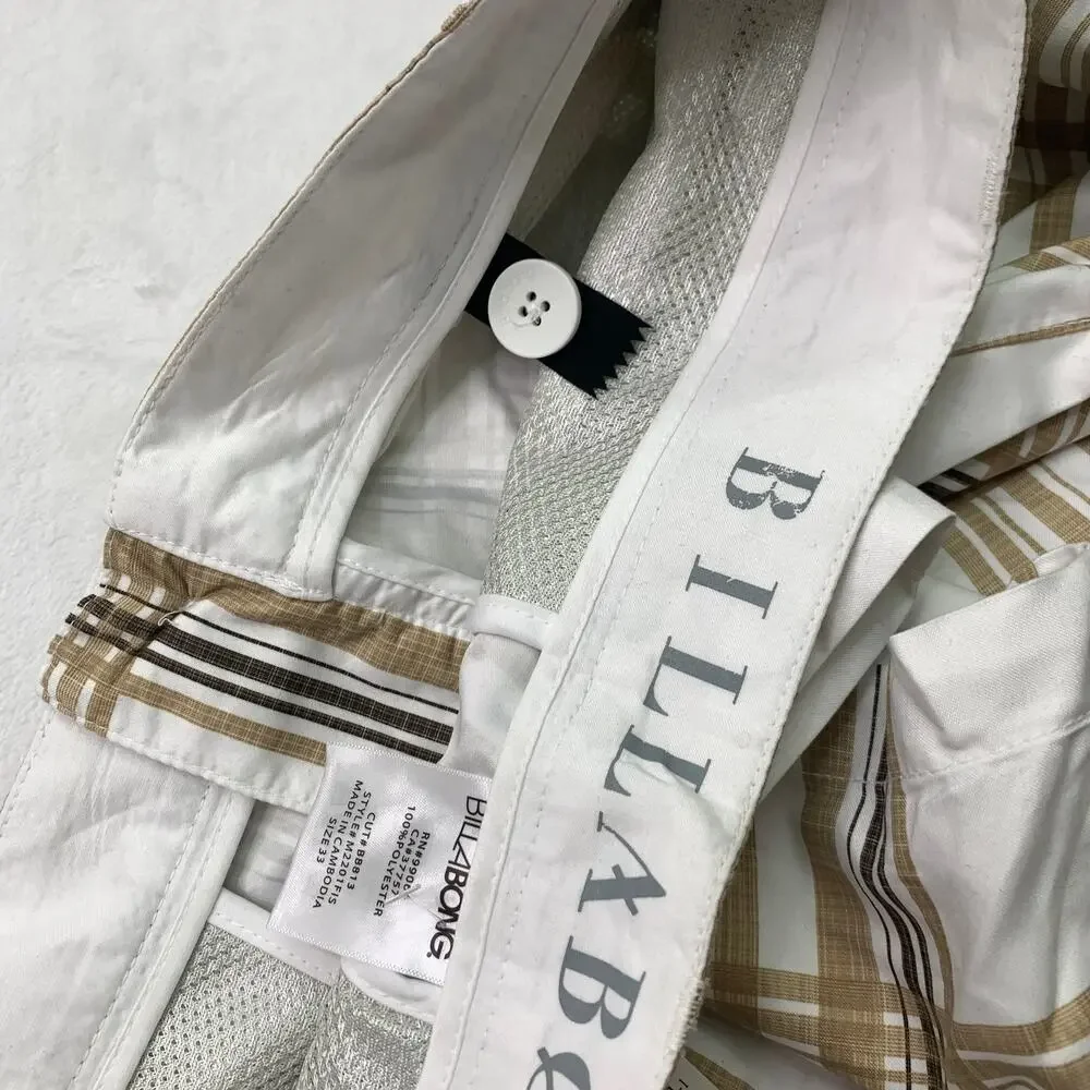 NWT Billabong Mens Sz 33 Boardshorts Hybrid Chino Tan White Plaid Preppy Swim